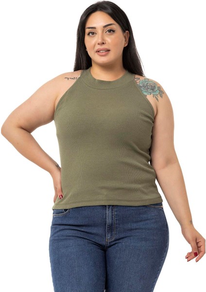 Büyük Beden Halter Yaka Yarım Balıkçı Fitilli Kaşkorse Haki Body