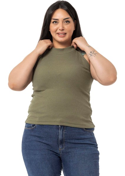 Büyük Beden Halter Yaka Yarım Balıkçı Fitilli Kaşkorse Haki Body fırsatları