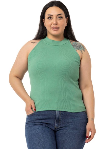 Büyük Beden Halter Yaka Yarım Balıkçı Fitilli Kaşkorse Yeşil Body