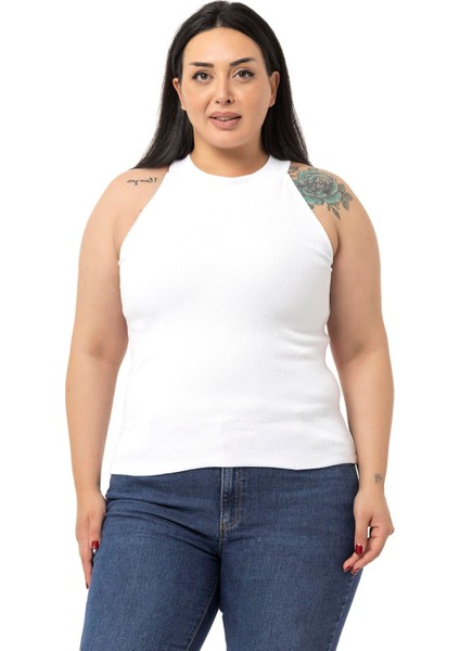 Büyük Beden Halter Yaka Yarım Balıkçı Fitilli Kaşkorse Beyaz Body