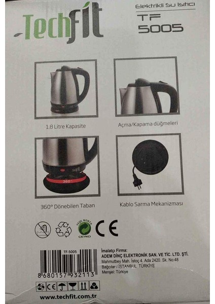 Elektrikli Su Isıtıcı Kettle 1.8 Lt Kapasite 1500 W Çelik Kettle Gizli Rezistanslı Türk Malı Ketıl