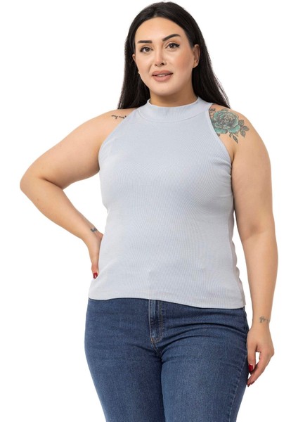 Büyük Beden Halter Yaka Yarım Balıkçı Fitilli Kaşkorse Gri Body