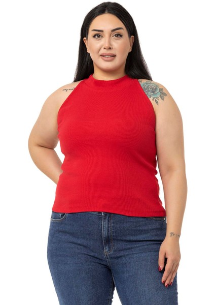 Büyük Beden Halter Yaka Yarım Balıkçı Fitilli Kaşkorse Kırmızı Body