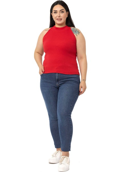 Büyük Beden Halter Yaka Yarım Balıkçı Fitilli Kaşkorse Kırmızı Body fiyatları