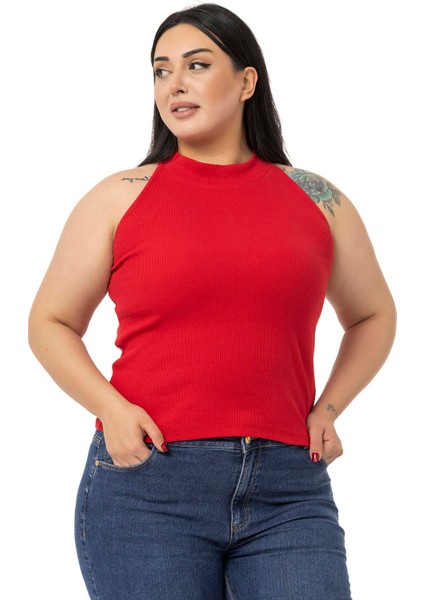 Büyük Beden Halter Yaka Yarım Balıkçı Fitilli Kaşkorse Kırmızı Body fırsatları