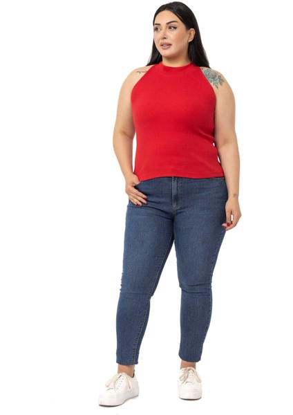 Büyük Beden Halter Yaka Yarım Balıkçı Fitilli Kaşkorse Kırmızı Body indirimleri