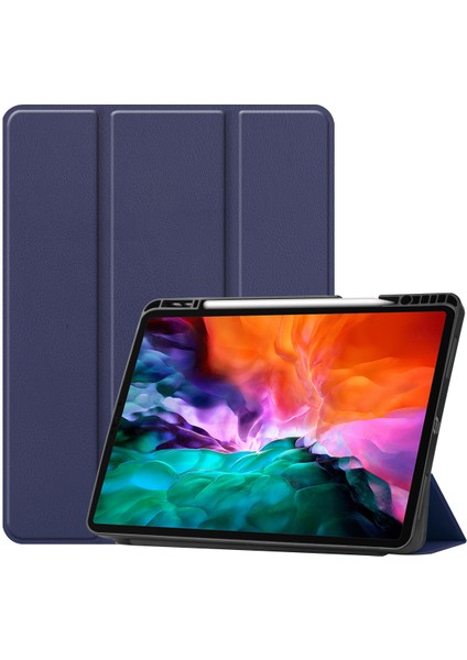 2021 5. Nesil iPad Pro 12.9" Kılıf, Otomatik Uyandırma/uyku Kapağı, Kalem Tutuculu Kapak, Ince Yumuşak Tpu Arka Akıllı Üçe Katlamalı Stand (Koyu Mavi) (Yurt Dışından)
