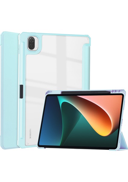 Mi Pad 5 11.0 Inç Için, Akıllı Ince Üç Katlı Stand ve Kalem Tutacağı Otomatik Uyutma/uyandırma Kapağı, Mi Pad 5 Pro 5g 2021 Için Şeffaf Şeffaf Arka Kapak - Mavi (Yurt Dışından)