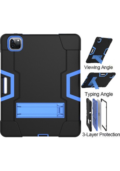 iPad Pro 11 2020 Için, Hibrit Ağır Hizmet Tipi Üç Katmanlı Tam Gövde Darbeye Dayanıklı Dayanıklı Kılıf ve iPad Pro 11 2020 11 Inç Için Standlı (Siyah+Mavi) (Yurt Dışından) fiyatları