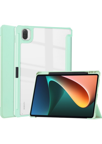 Mi Pad 5 11.0 Inç Için, Akıllı Ince Üç Katlı Stand ve Kalem Tutacağı Otomatik Uyutma/uyandırma Kapağı, Mi Pad 5 Pro 5g 2021 Için Şeffaf Şeffaf Arka Kapak - Nane Yeşili (Yurt Dışından)