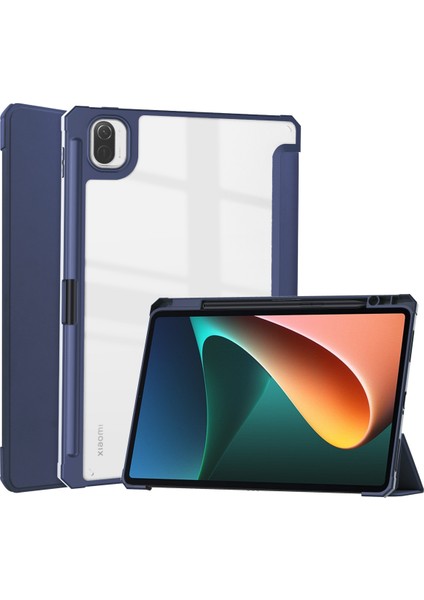 Mi Pad 5 11,0 Inç Için, Akıllı Ince Üç Katlı Stand ve Kalem Tutacağı Otomatik Uyutma/uyandırma Kapağı, Mi Pad 5 Pro 5g 2021 Için Şeffaf Şeffaf Arka Kapak - Koyu Mavi (Yurt Dışından)