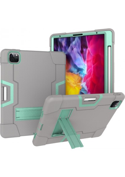 iPad Pro 11 2020 Için, Hibrit Ağır Hizmet Tipi Üç Katmanlı Tam Gövde Darbeye Dayanıklı Sağlam Kılıf ve iPad Pro 11 2020 Için Standlı 11 Inç (Gri) (Yurt Dışından)