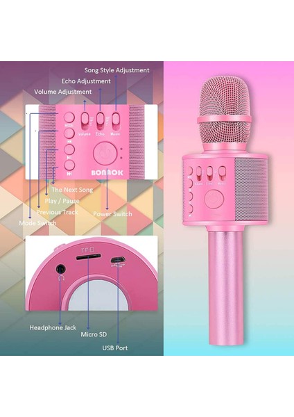 Kablosuz Bluetooth Karaoke Mikrofonu, Tüm Akıllı Telefonlar Için 3'ü 1 Arada Taşınabilir El Mikrofonu Hoparlör Makinesi, Kız Erkek Çocuk Yetişkinler Için Her Yaştan Hediye (Pembe) (Yurt Dışından)