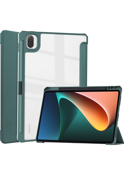 Mi Pad 5 11.0 Inç Için, Akıllı Ince Üç Katlı Stand, Kalem Tutuculu Otomatik Uyutma/uyandırma Kapağı, Mi Pad 5 Pro 5g 2021 Için Şeffaf Şeffaf Arka Kapak - Yeşil (Yurt Dışından)