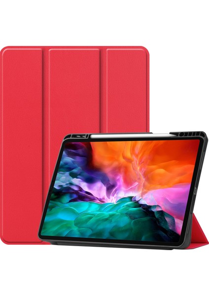2021 5. Nesil iPad Pro 12.9" Kılıf, Otomatik Uyandırma/uyku Kapağı, Kalem Tutuculu Kapak, Ince Yumuşak Tpu Arka Akıllı Üç Katlı Stand (Kırmızı) (Yurt Dışından)