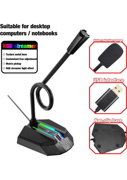 Saytay Bilgisayar Mikrofonu Rgb Parlak Bükülebilir USB Mikrofon Sürücüsü Ücretsiz Sesli Sohbet Video Konferans Mikrofonu ST-001 (Yurt Dışından)