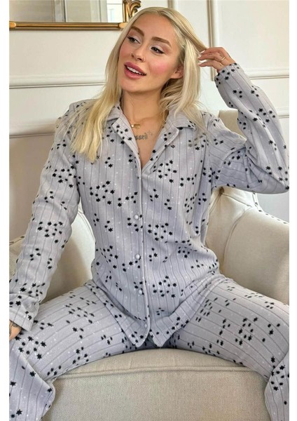 Gri Siyah Poolster Desenli Önden Düğmeli Peluş Polar Pijama Takımı
