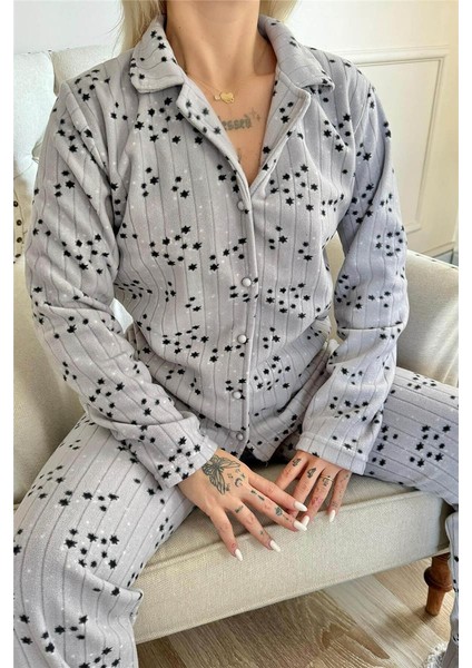 Gri Siyah Poolster Desenli Önden Düğmeli Peluş Polar Pijama Takımı indirimleri