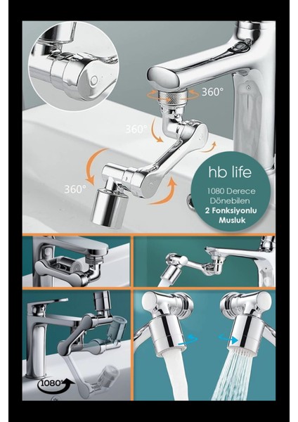Pratik Krom 1080 Derece Dönebilen 2 Fonksiyonlu Evrensel Perlatör Musluk Ucu Filtre