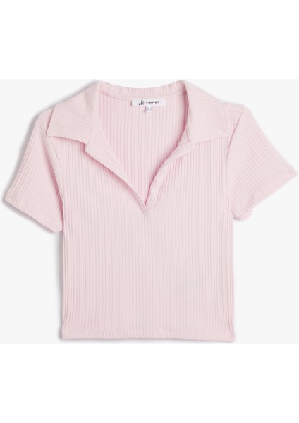 Polo Yaka Crop Tişört Kısa Kollu Ribanalı Pamuklu
