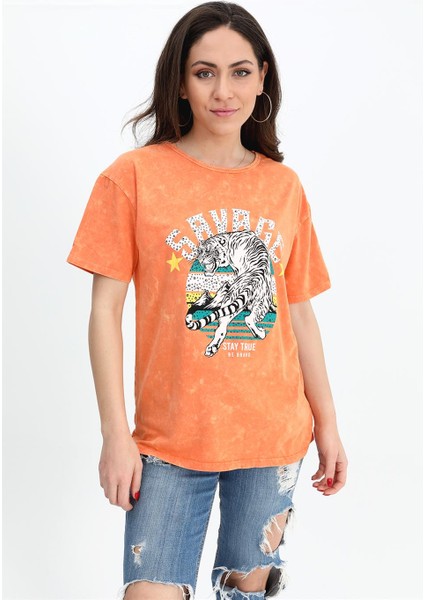 T-Shirt Yıkamalı Kumaş Bisiklet Yaka - Turuncu