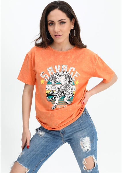 T-Shirt Yıkamalı Kumaş Bisiklet Yaka - Turuncu
