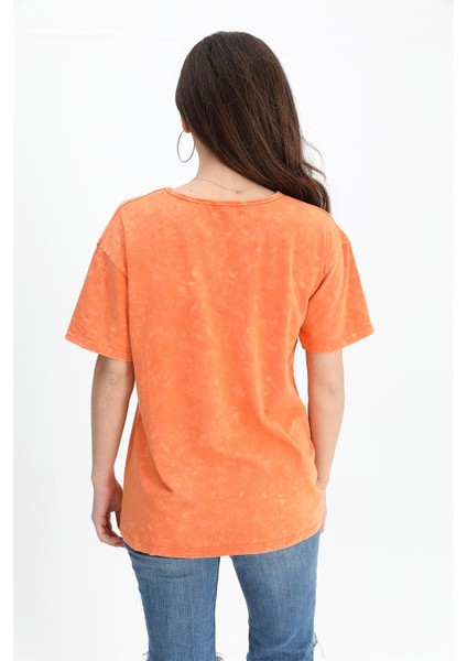 T-Shirt Yıkamalı Kumaş Bisiklet Yaka - Turuncu