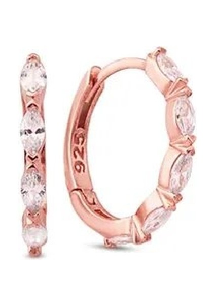 925 Ayar Rose Kaplamalı Oval Beyaz Baget Taşlı 1,8 cm Halka Gümüş Küpe