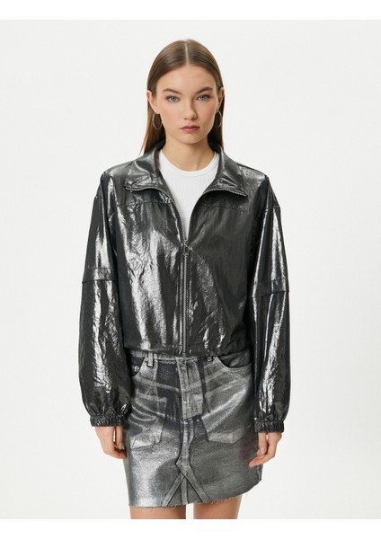 Metalik Parlak Ceket Fermuarlı Dik Yaka Paraşüt Kumaş modelleri