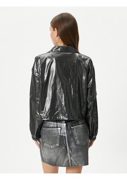 Metalik Parlak Ceket Fermuarlı Dik Yaka Paraşüt Kumaş fırsatları