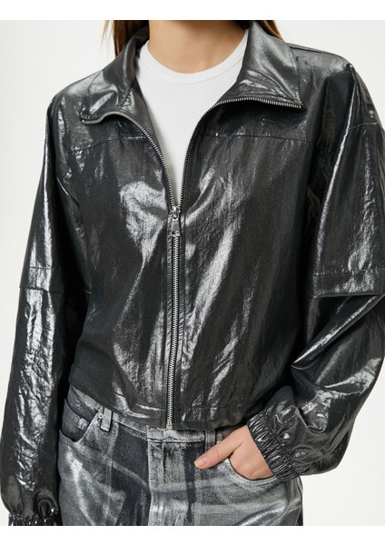 Metalik Parlak Ceket Fermuarlı Dik Yaka Paraşüt Kumaş indirimleri