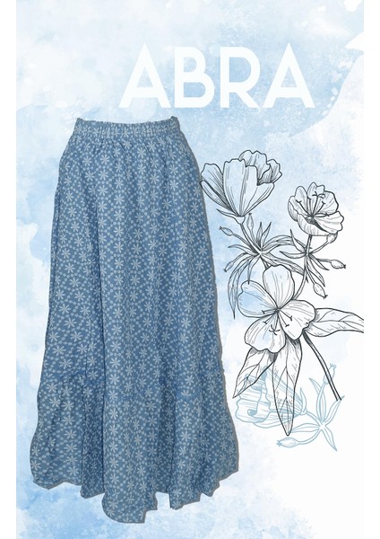 Kadın Mavi Çiçek Desenli Uzun Gofre Etek modelleri