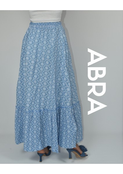 Kadın Mavi Çiçek Desenli Uzun Gofre Etek fırsatları