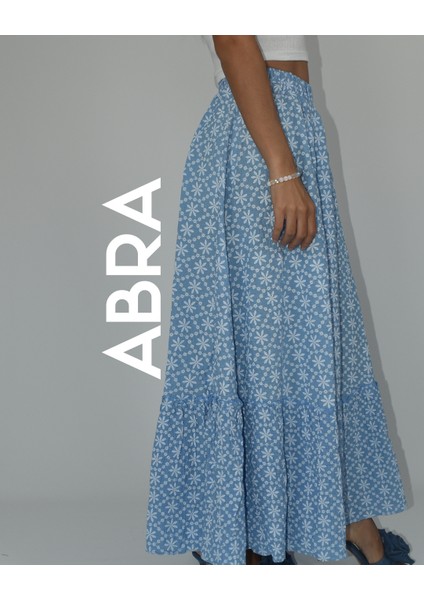 Kadın Mavi Çiçek Desenli Uzun Gofre Etek indirimleri