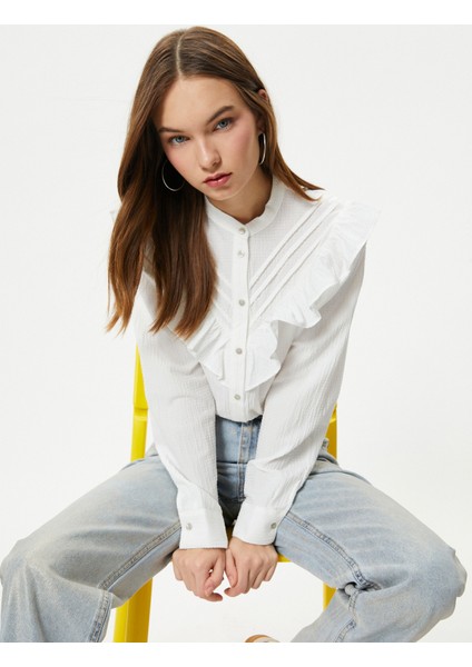 Fırfırlı Bluz Hakim Yaka Uzun Kollu Dokulu Viskoz Kumaş Karışımlı