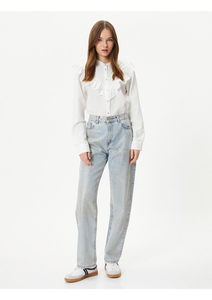 Fırfırlı Bluz Hakim Yaka Uzun Kollu Dokulu Viskoz Kumaş Karışımlı fiyatları