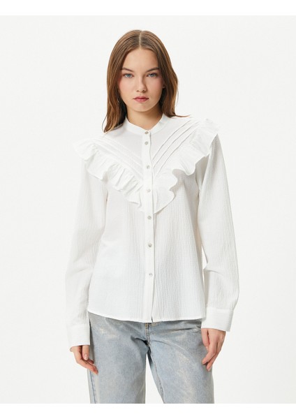 Fırfırlı Bluz Hakim Yaka Uzun Kollu Dokulu Viskoz Kumaş Karışımlı modelleri