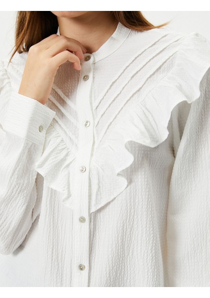 Fırfırlı Bluz Hakim Yaka Uzun Kollu Dokulu Viskoz Kumaş Karışımlı indirimleri