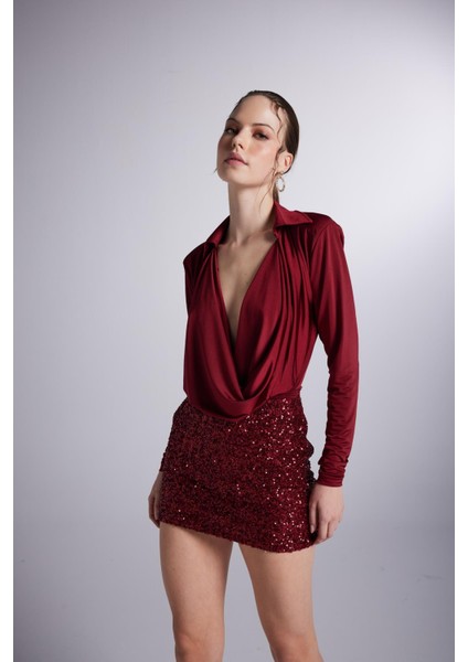 Degaje Yaka Dekolteli Çıtçıtlı Taylor Bodysuit Bordo modelleri