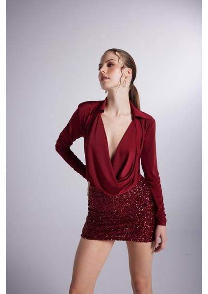 Degaje Yaka Dekolteli Çıtçıtlı Taylor Bodysuit Bordo fırsatları