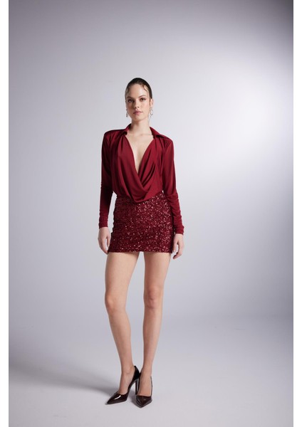 Degaje Yaka Dekolteli Çıtçıtlı Taylor Bodysuit Bordo indirimleri