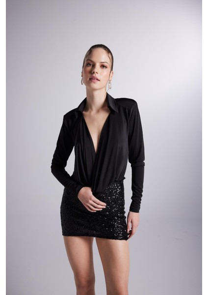 Degaje Yaka Dekolteli Çıtçıtlı Taylor Bodysuit Siyah modelleri