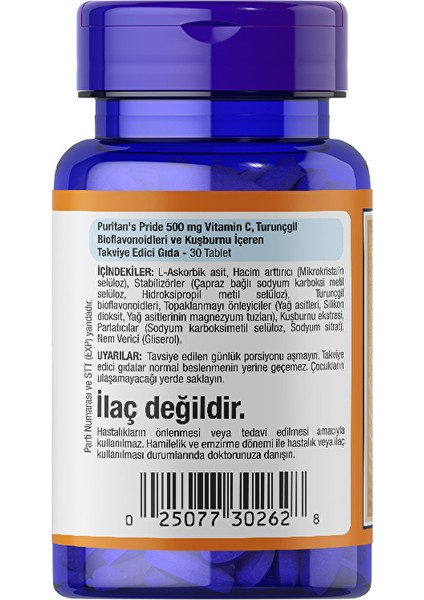 Vitamin C-500 Mg With Bioflavonoids And Rose Hips 30 Tablet