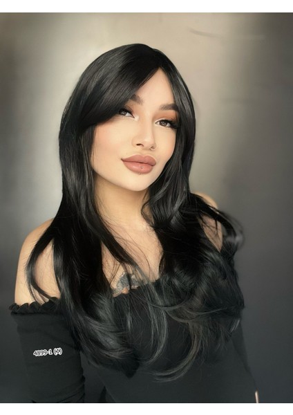 Katlı Kesim Perçemli Düz Fiber Sentetik Orta Boy Peruk - Siyah