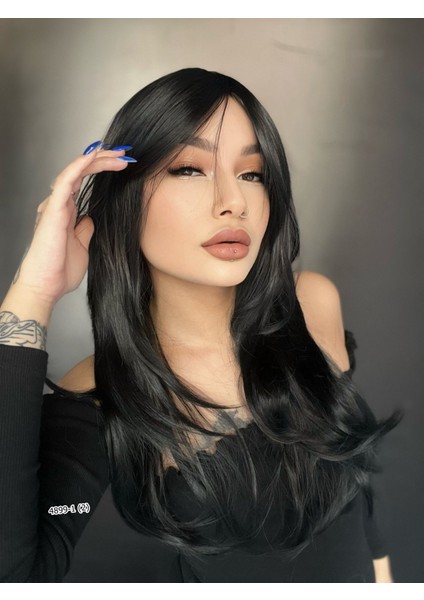 Katlı Kesim Perçemli Düz Fiber Sentetik Orta Boy Peruk - Siyah fiyatları