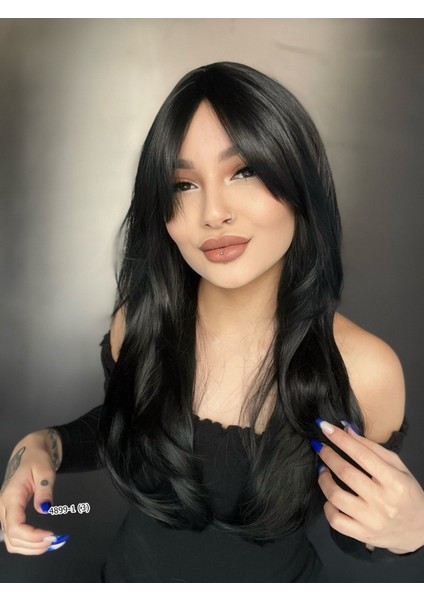 Katlı Kesim Perçemli Düz Fiber Sentetik Orta Boy Peruk - Siyah modelleri
