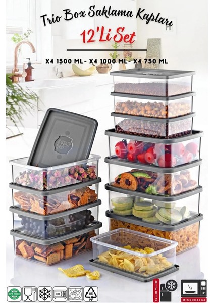 12'li Set Dikdörtgen Mikrodalga & Difriz Uyumlu Trio Saklama Kabı X4 0,75 Lt/1 Lt/1,5 Lt OPH-000314