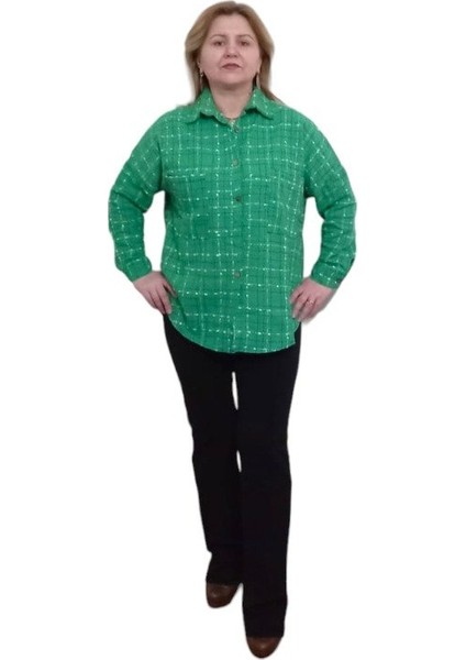 Channel Kumaş Oversize Gömlek Renk Yeşil Beyaz Beden Standart modelleri