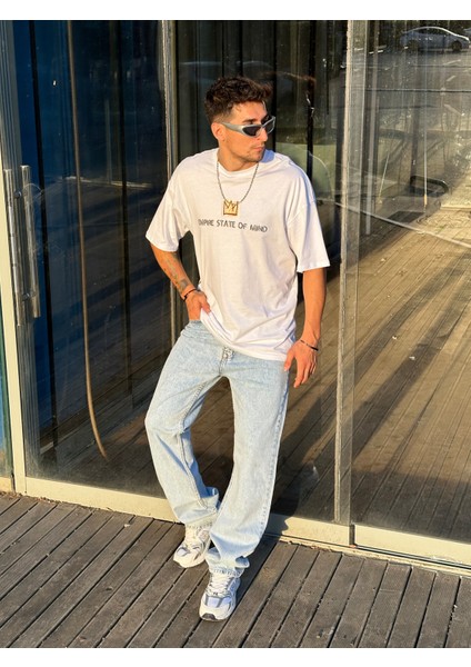 Erkek Açık Mavi Baggy Düz Bol Kesim Boru Paça Kot Pantolon
