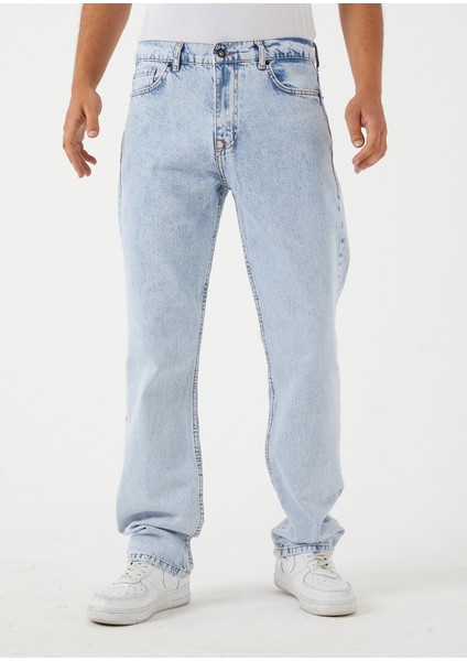 Erkek Açık Mavi Baggy Düz Bol Kesim Boru Paça Kot Pantolon